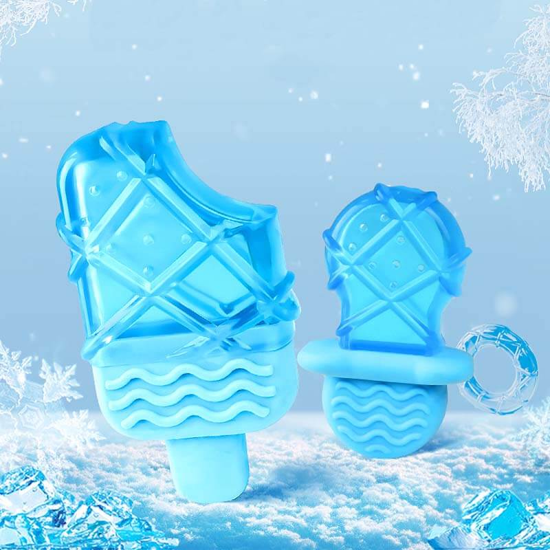 Dog teething toy with water-filled popsicle and cooling rubber.